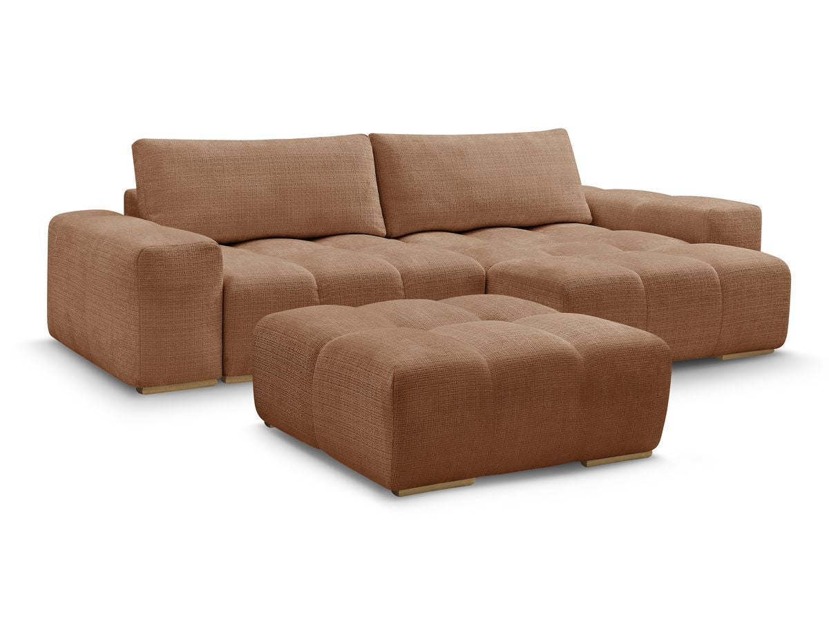 Vendbar hjørnesofa med sovefunksjon og oppbevaring ANAKIN i teksturert stoff med puff