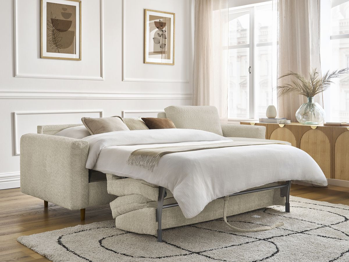 Vendbar hjørnesofa med sovefunksjon NYHET COCOONE med hurtigåpning i bouclé-stoff