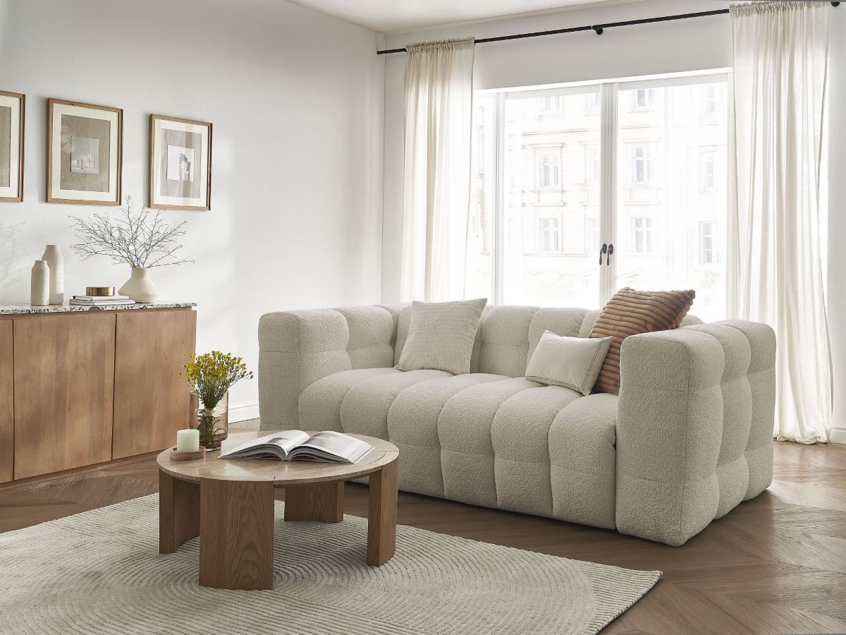 Rett sovesofa med hurtigåpning 3-seter CLOUD i bouclé-stoff