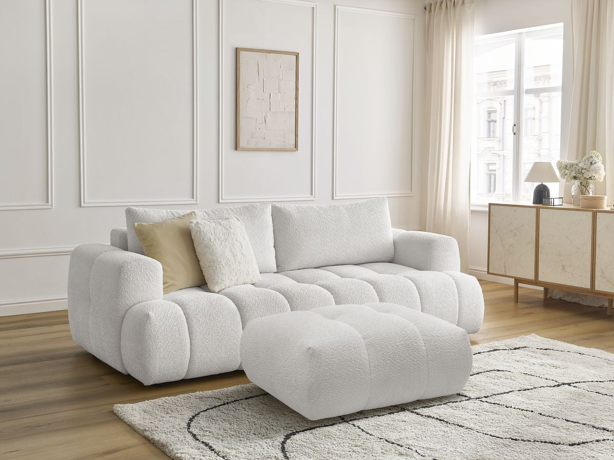 Rett sovesofa 3-seter FUJI i bouclé-stoff med puff