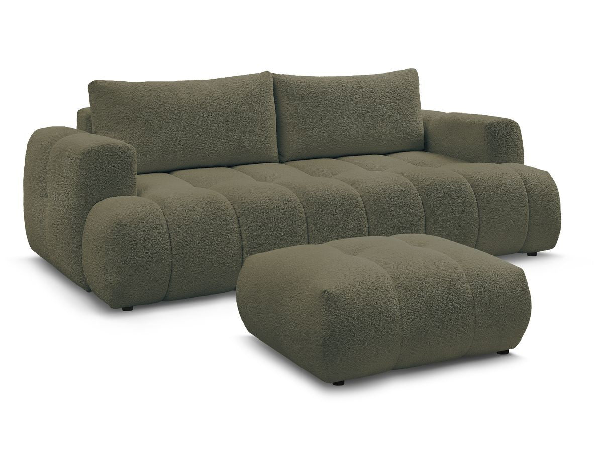 Rett sovesofa 3-seter FUJI i bouclé-stoff med puff