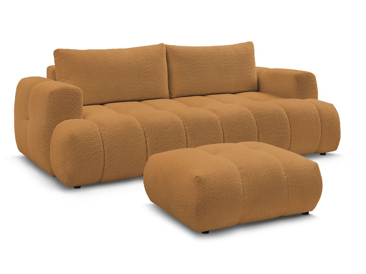 Rett sovesofa 3-seter FUJI i bouclé-stoff med puff
