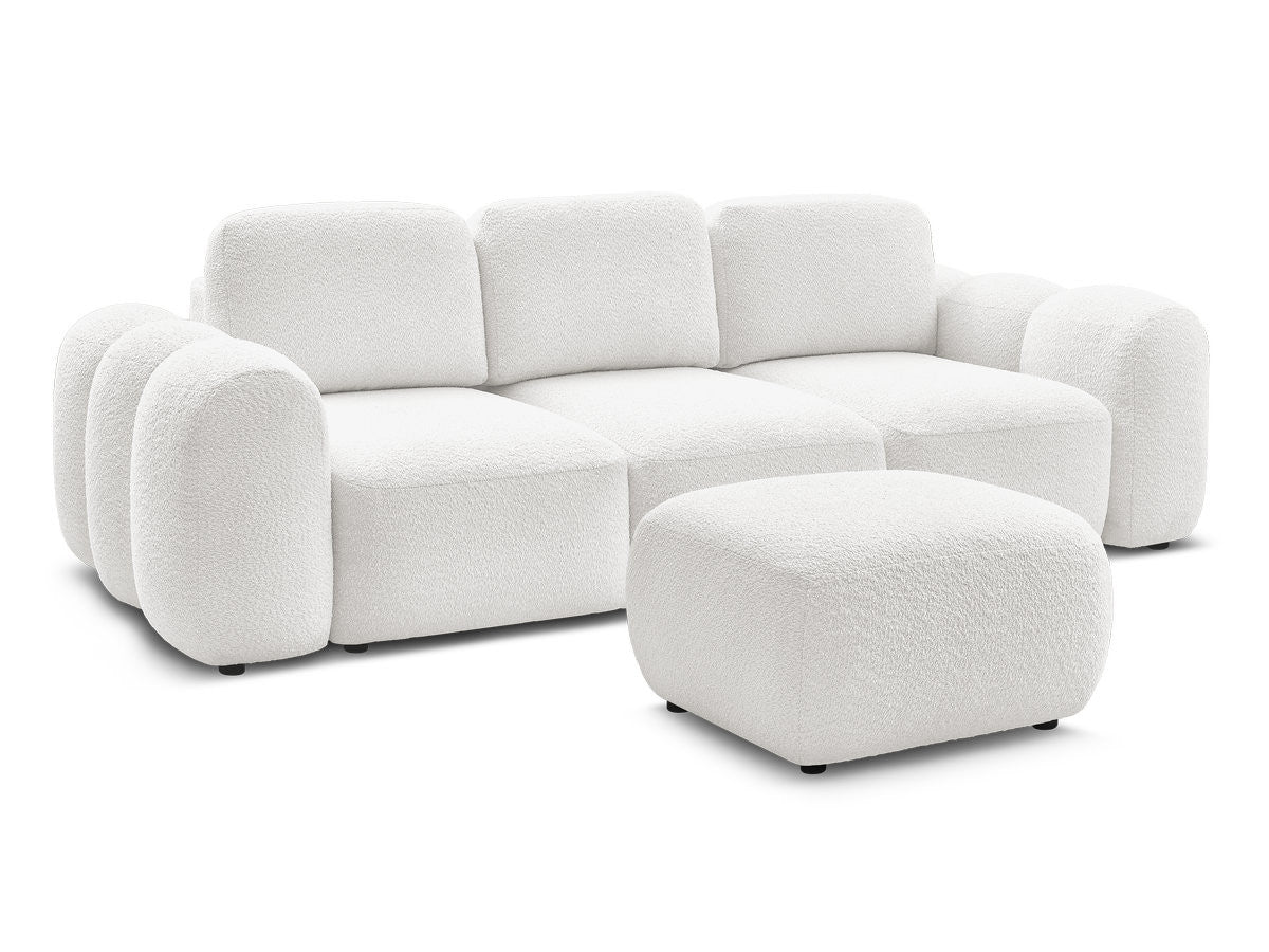Rett sovesofa med oppbevaring 3-seter MONTAIGNE i bouclé-stoff med puff
