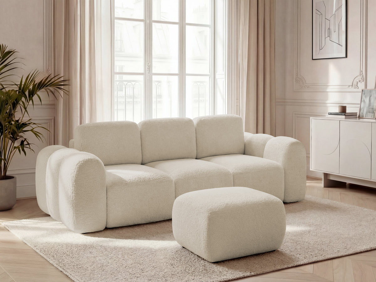 Rett sovesofa med oppbevaring 3-seter MONTAIGNE i bouclé-stoff med puff
