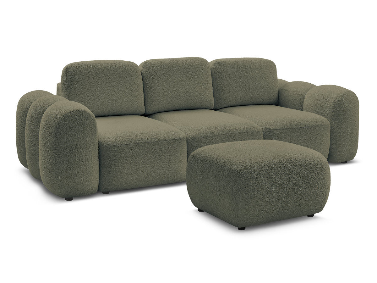 Rett sovesofa med oppbevaring 3-seter MONTAIGNE i bouclé-stoff med puff