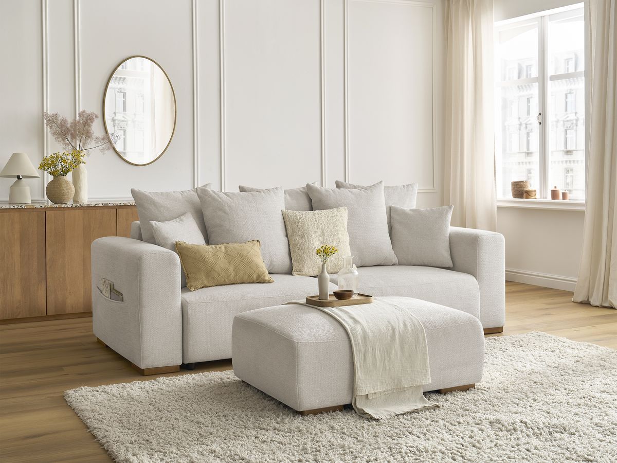 Rett sovesofa SIDONIE i melert stoff med puff