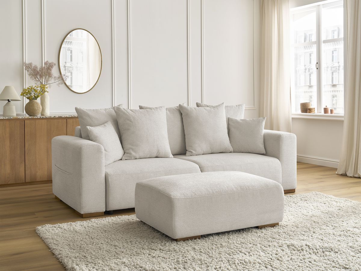 Rett sovesofa SIDONIE i melert stoff med puff