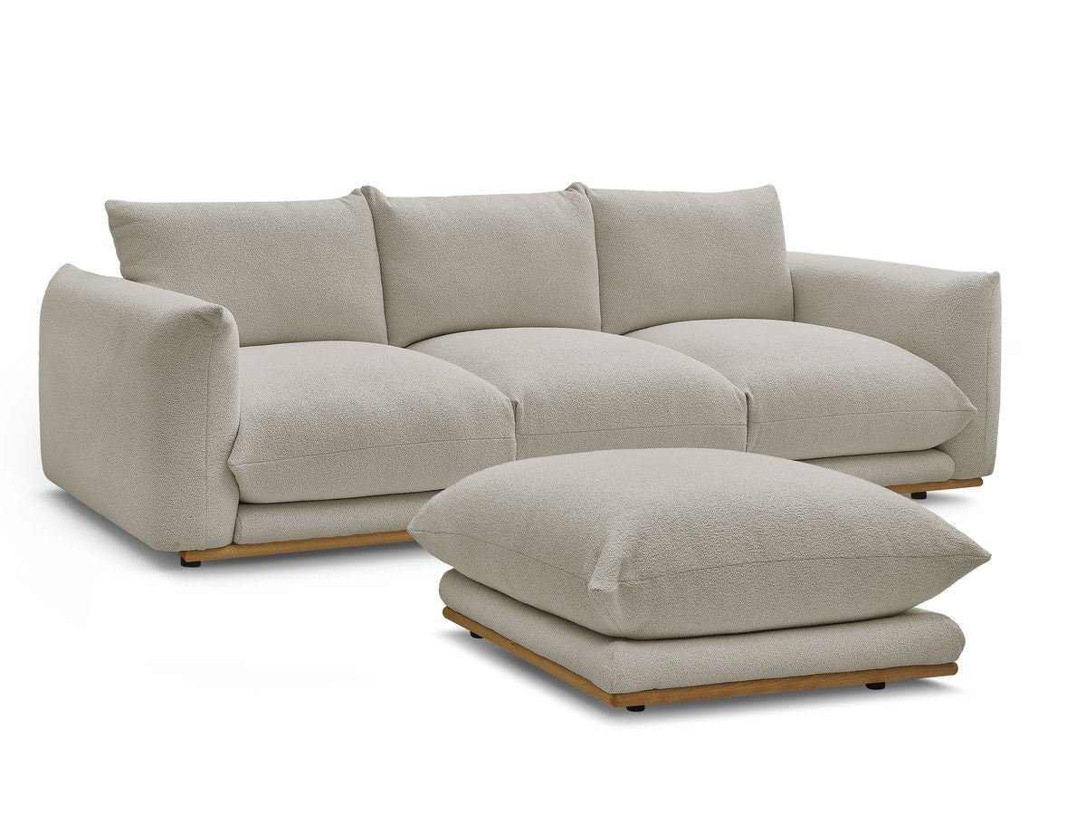 Rett sofa 3-seter ERNEST i bouclé-stoff med puff
