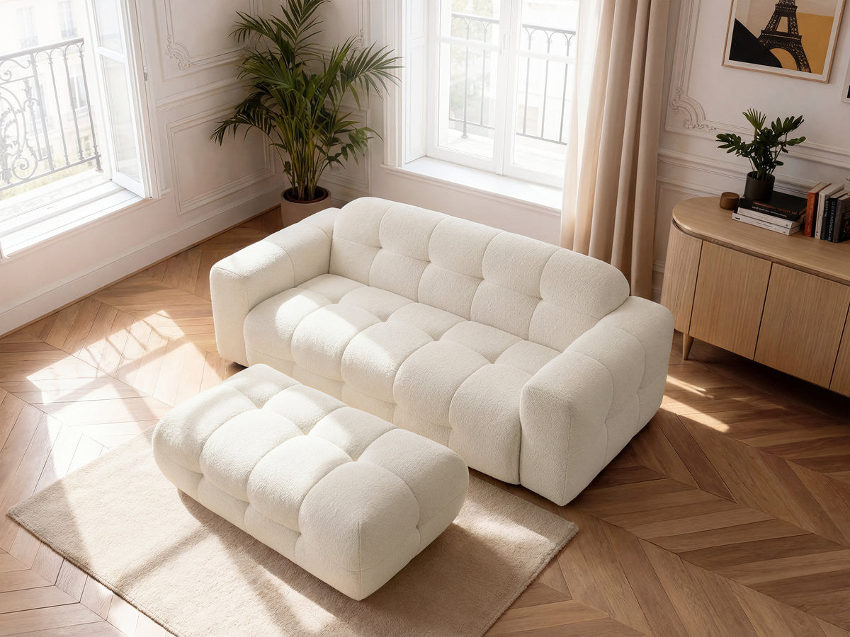 Rett sofa 3-seter LAURA i melert stoff med stor puff