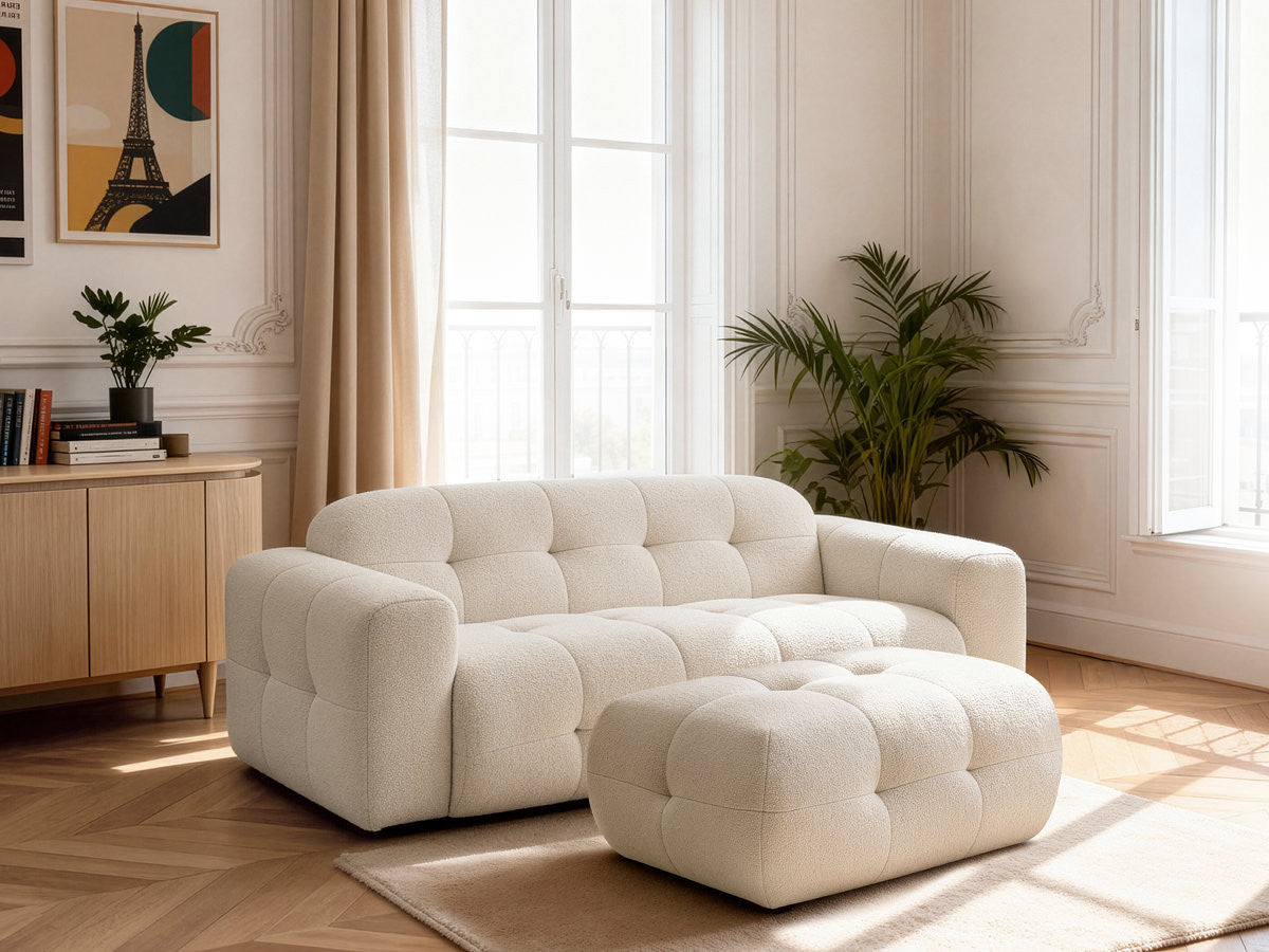 Rett sofa 3-seter LAURA i melert stoff med liten puff