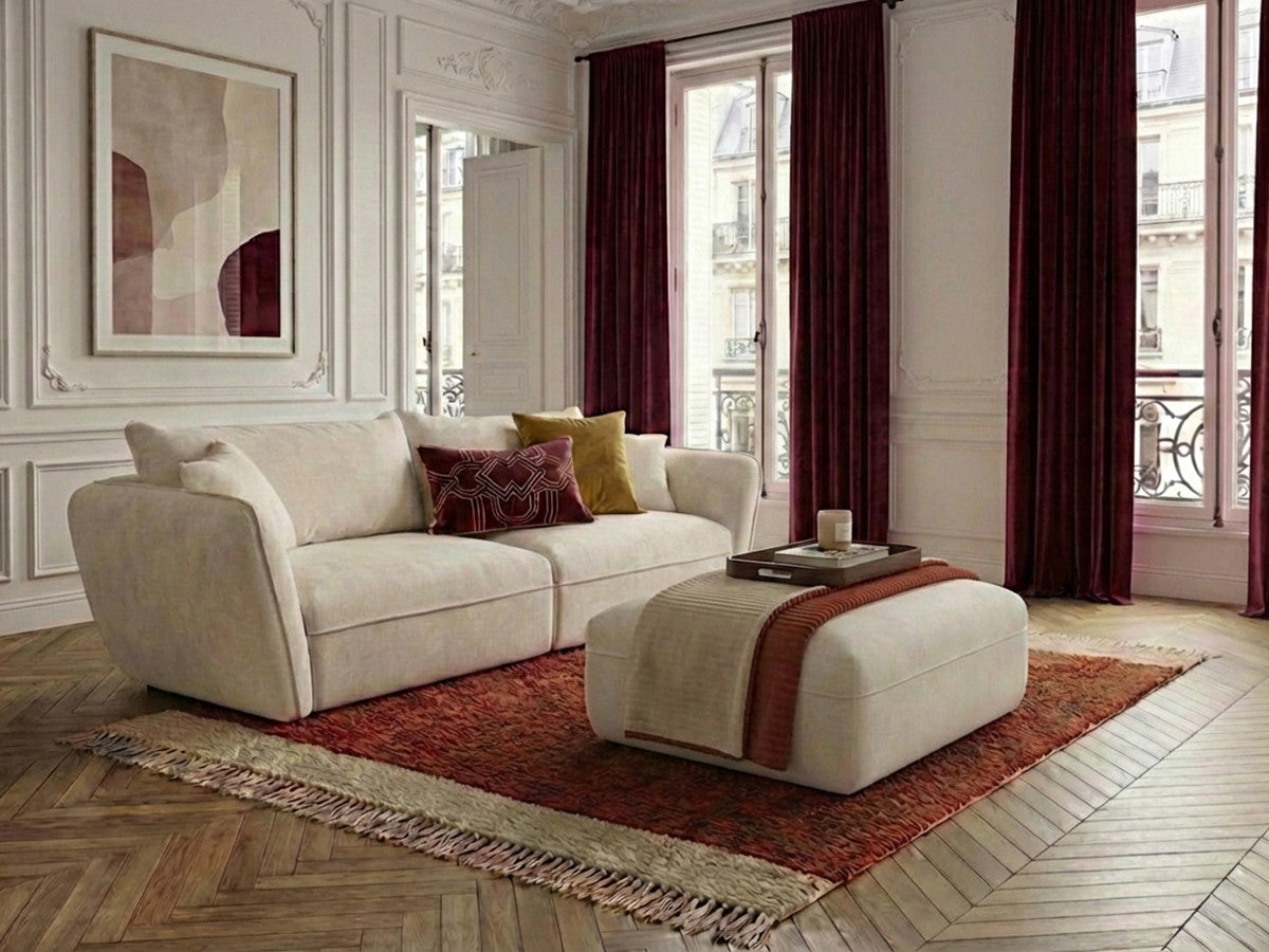Rett sofa 3-seter LUIGI i glatt stoff med puff