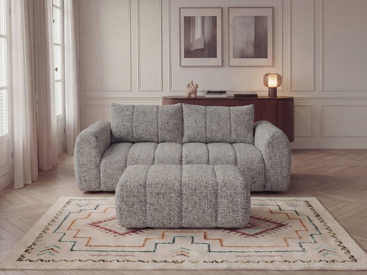 Rett sofa 3-seter NESTY i melert stoff med puff