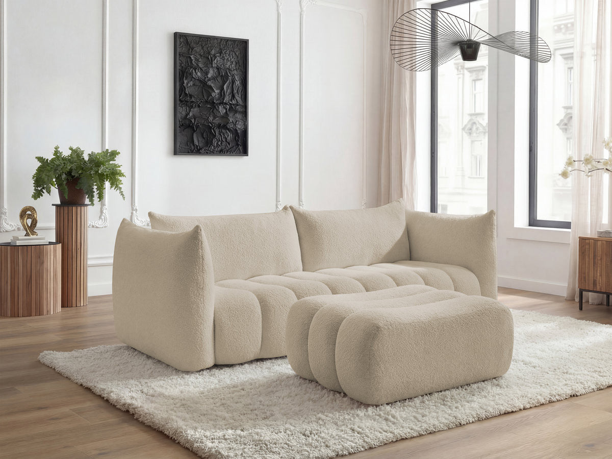 Rett sofa 4-seter AZRA i bouclé-stoff med puff
