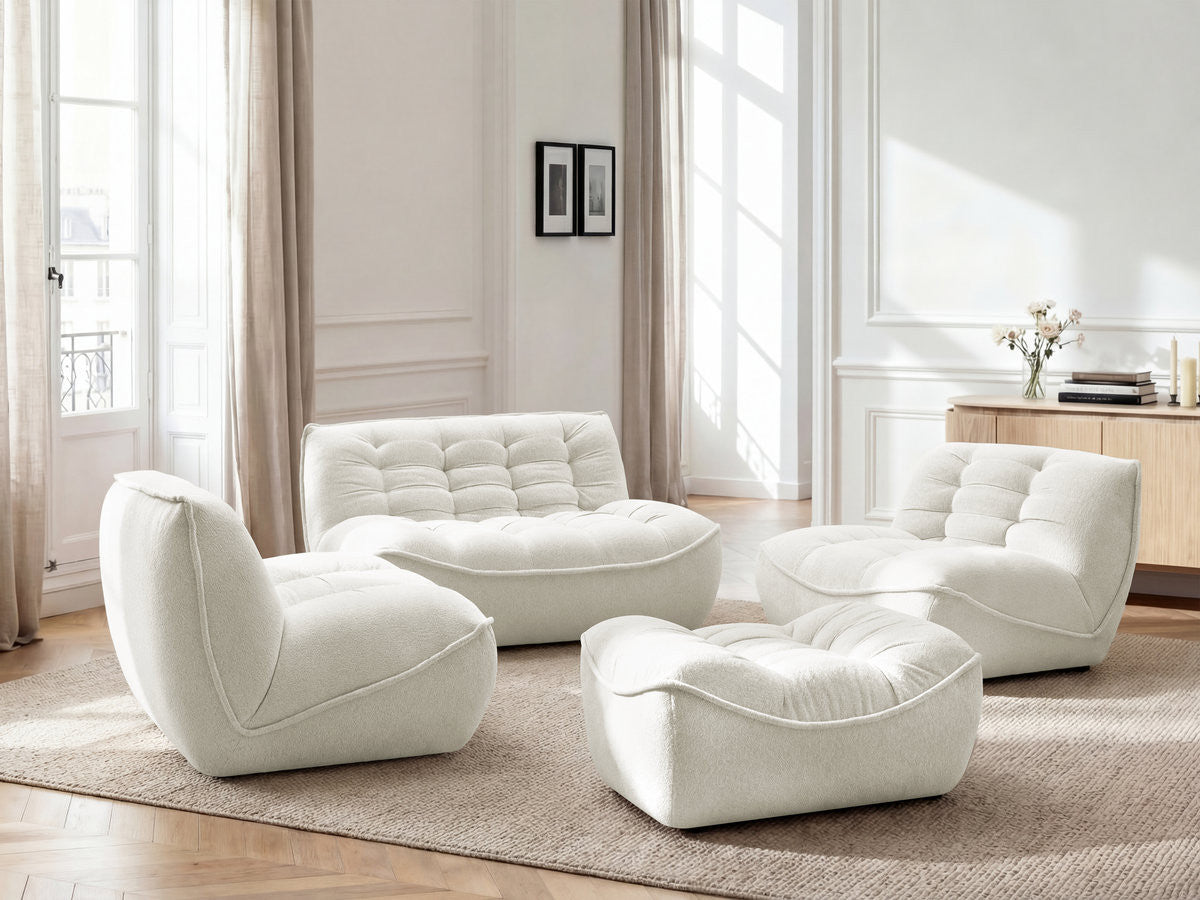 Rett sofa modulær SERENA med 2 sittemoduler 1-seter og 1 sittemodul 2-seter i melert stoff med puff