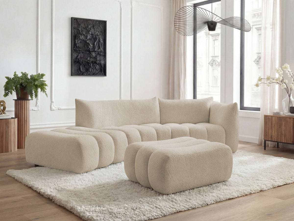 Sofa buet 4-seter AZRA i bouclé-stoff med puff