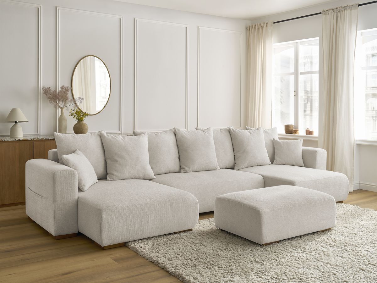 U-sovesofa med oppbevaring SIDONIE i melert stoff med puff