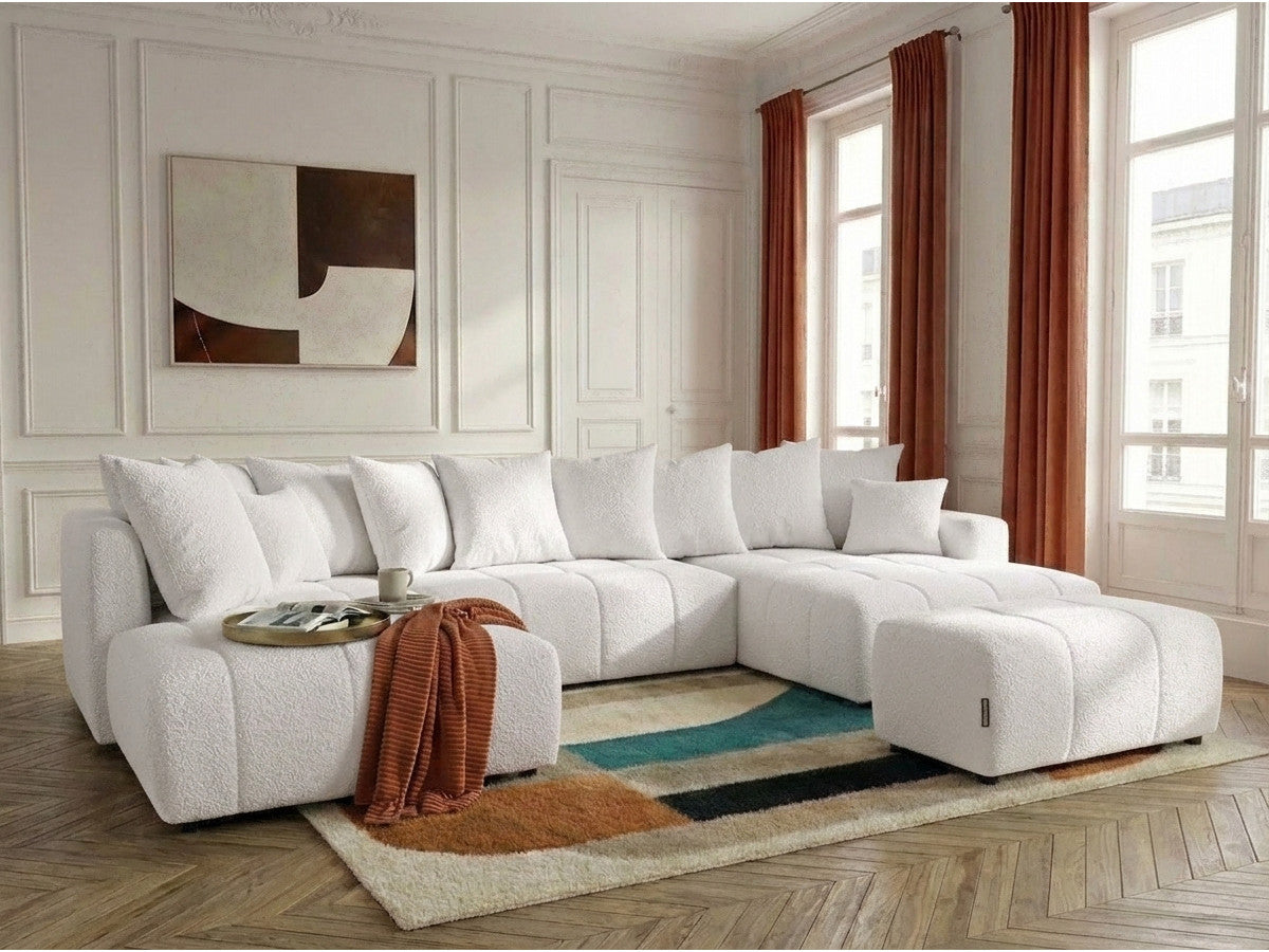 U-sovesofa ROXELANE i bouclé-stoff med puff
