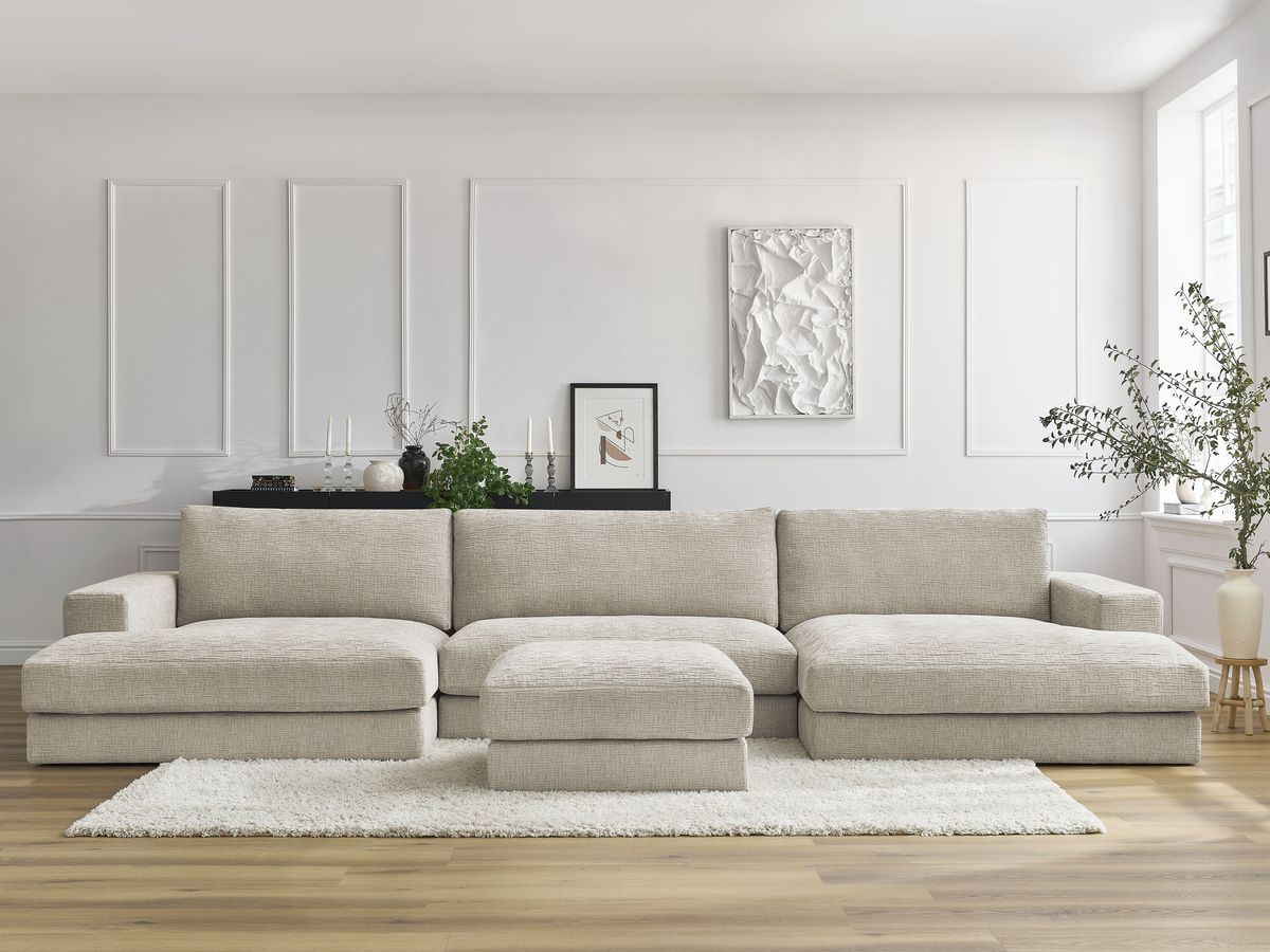 U-sofa LEONARD i teksturert stoff med puff