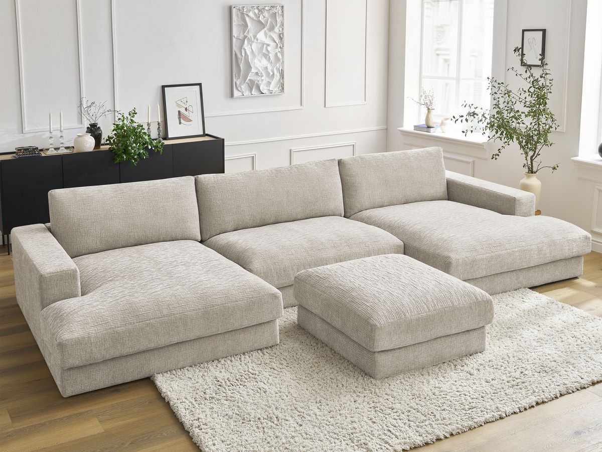 U-sofa LEONARD i teksturert stoff med puff