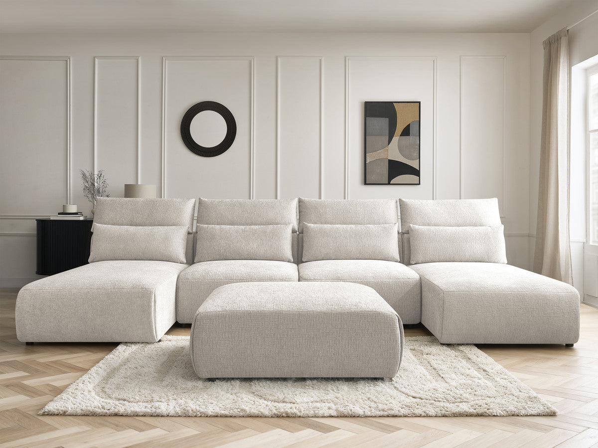 U-sofa modulær med nakkestøtter JANA i teksturert stoff med 2 sjeselonger, 2 sittemoduler og 1 stor puff