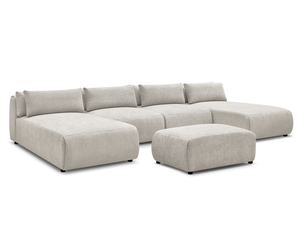 U-sofa modulær med nakkestøtter JANA i teksturert stoff med 2 sjeselonger, 2 sittemoduler og 1 liten puff