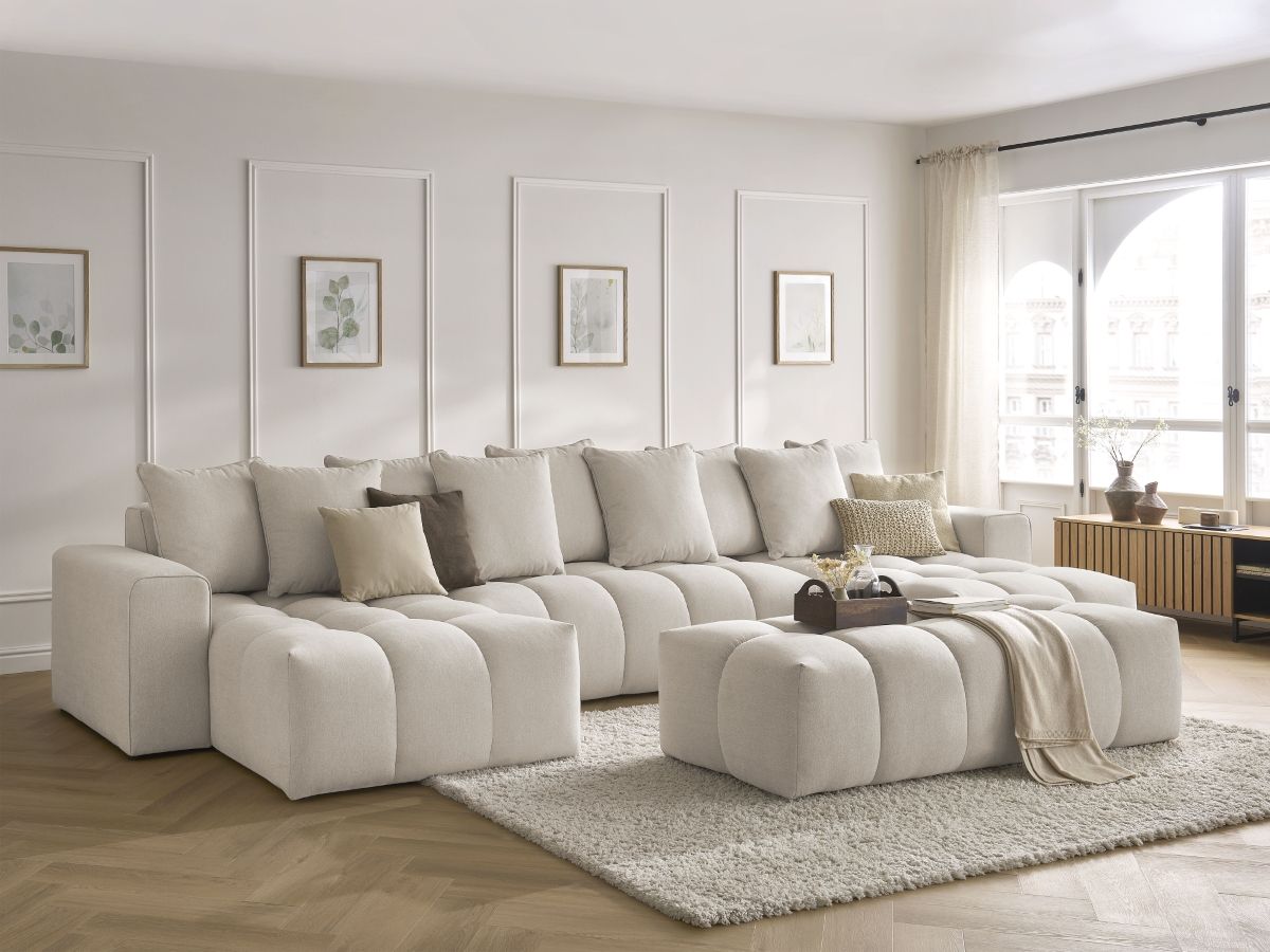 U-sofa MONT-BLANC i melert stoff med puff