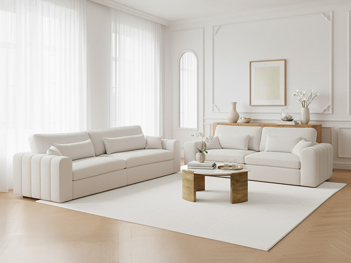 Sofagruppe 3 + 2 seter BELMONT i bouclé-stoff