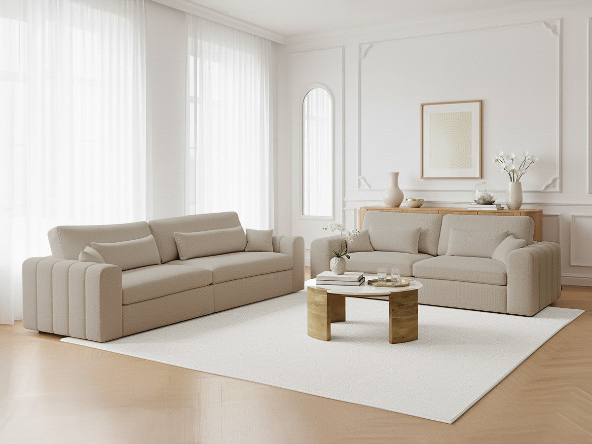 Sofagruppe 3 + 2 seter BELMONT i bouclé-stoff