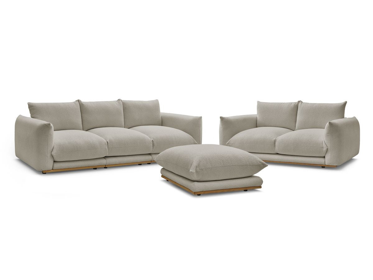 Sofagruppe 3 + 2 seter ERNEST i bouclé-stoff med puff