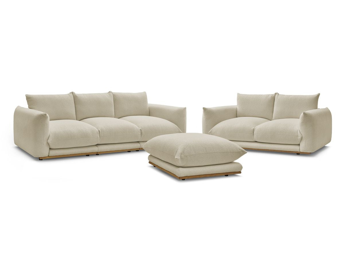 Sofagruppe 3 + 2 seter ERNEST i bouclé-stoff med puff