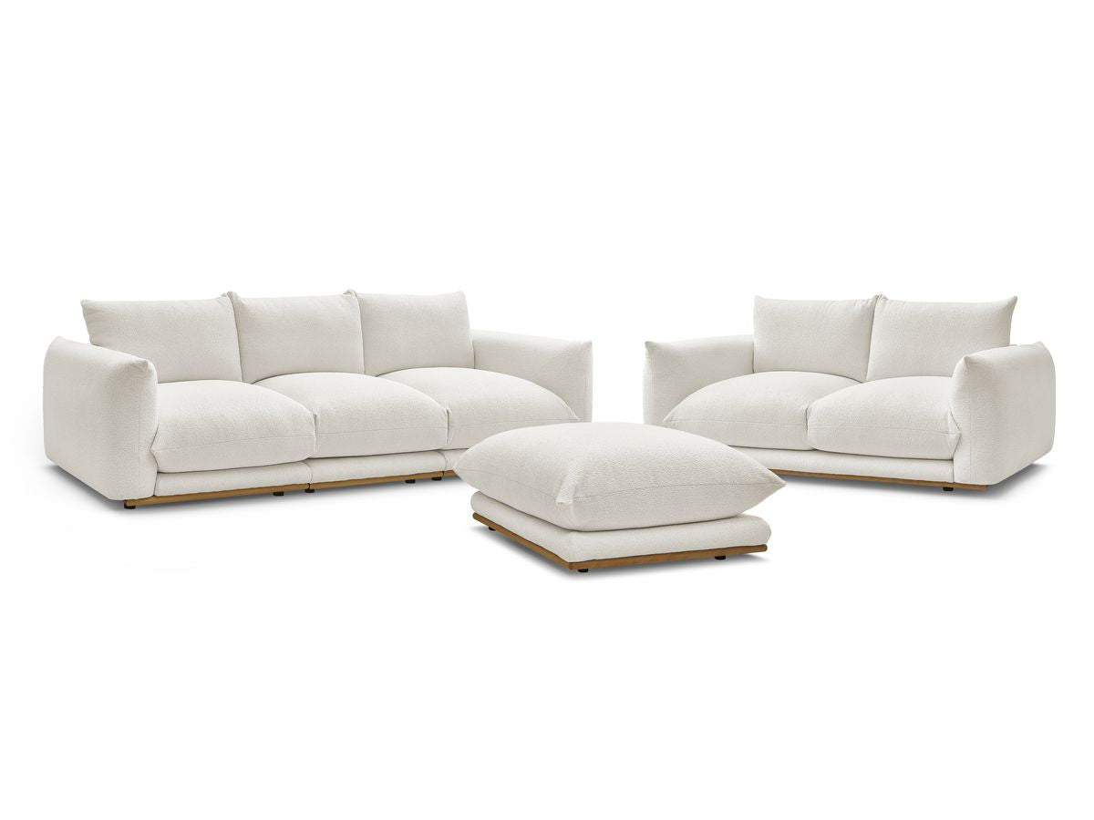 Sofagruppe 3 + 2 seter ERNEST i bouclé-stoff med puff