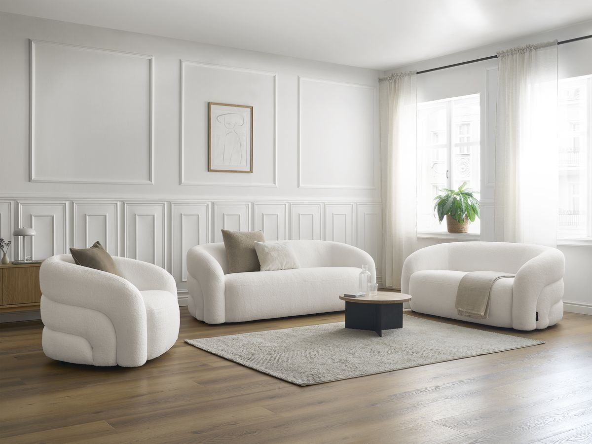 Sofagruppe 3 + 2 seter + dreibar lenestol ELINA i bouclé-stoff