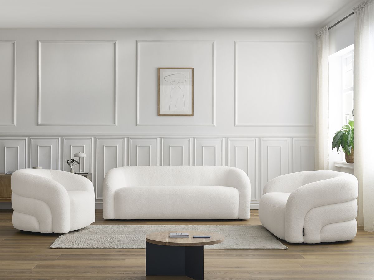 Sofagruppe 3 + 2 seter + dreibar lenestol ELINA i bouclé-stoff