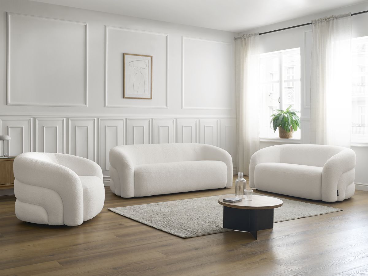 Sofagruppe 3 + 2 seter + dreibar lenestol ELINA i bouclé-stoff