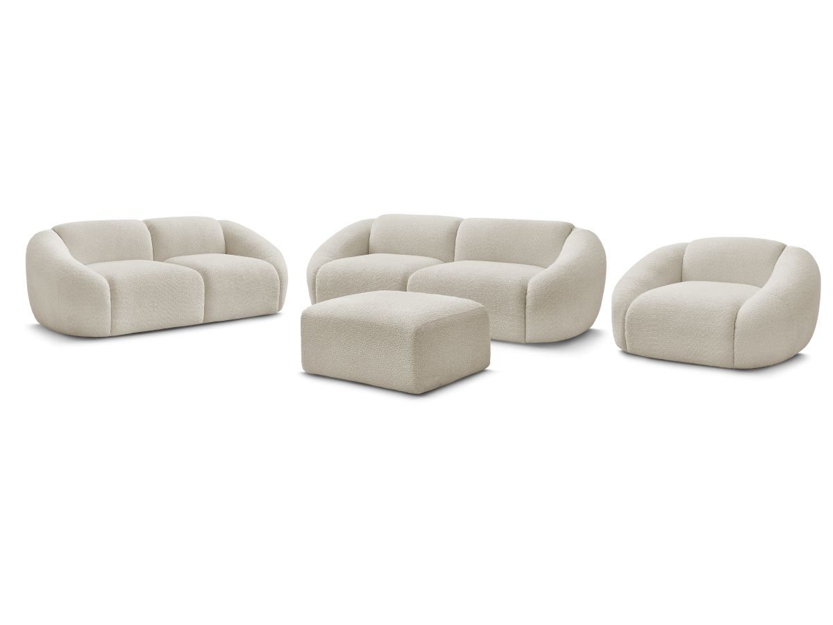 Sofagruppe 3 + 2 seter + lenestol TINA i bouclé-stoff med puff