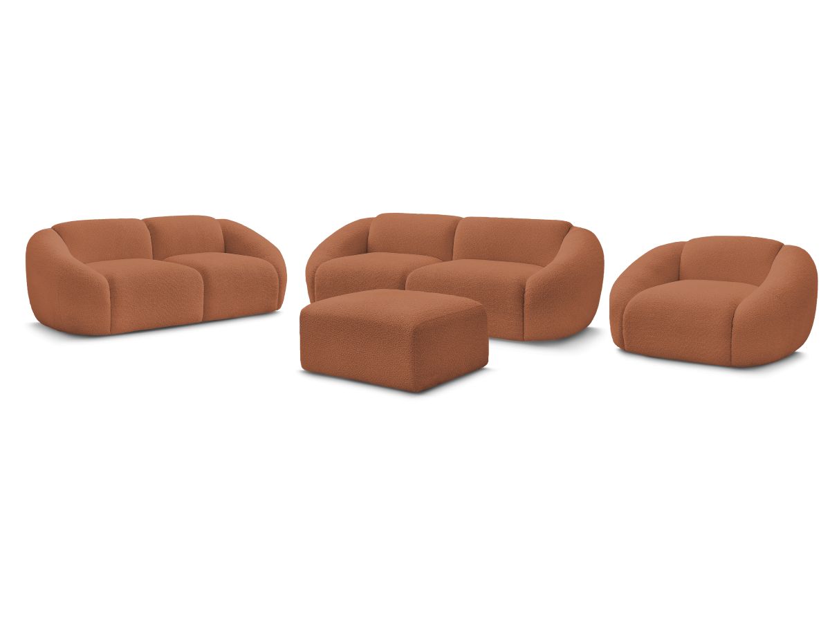Sofagruppe 3 + 2 seter + lenestol TINA i bouclé-stoff med puff