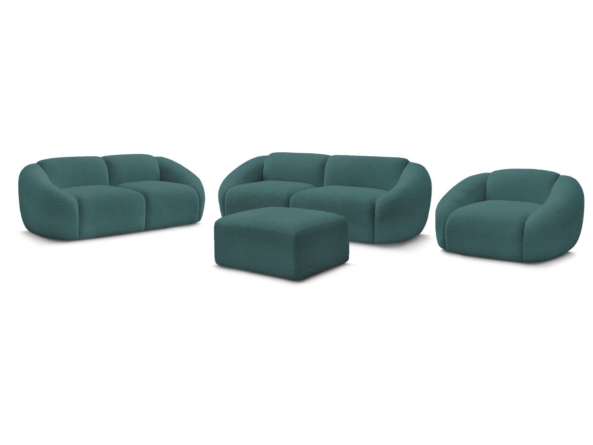 Sofagruppe 3 + 2 seter + lenestol TINA i bouclé-stoff med puff