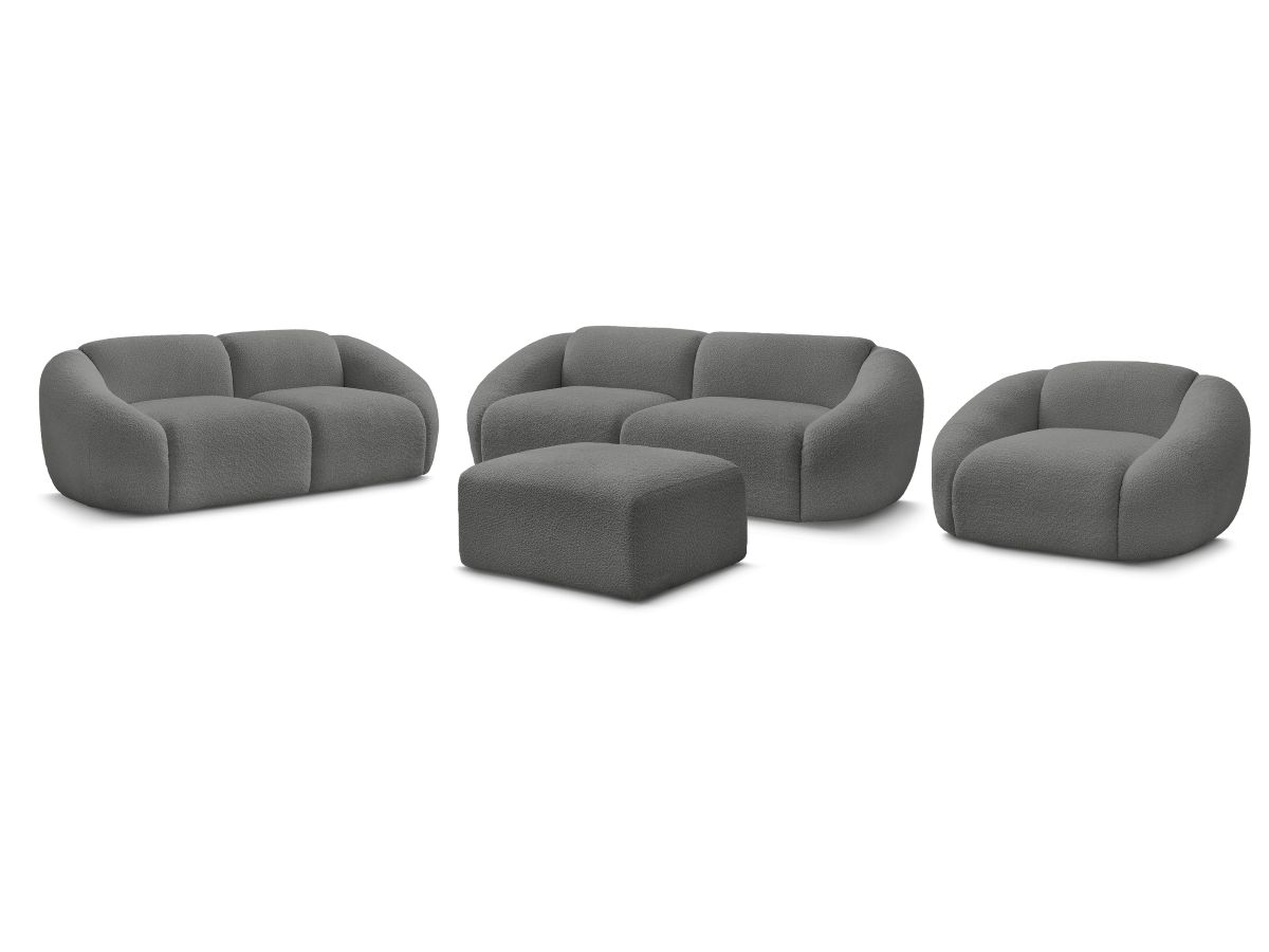 Sofagruppe 3 + 2 seter + lenestol TINA i bouclé-stoff med puff