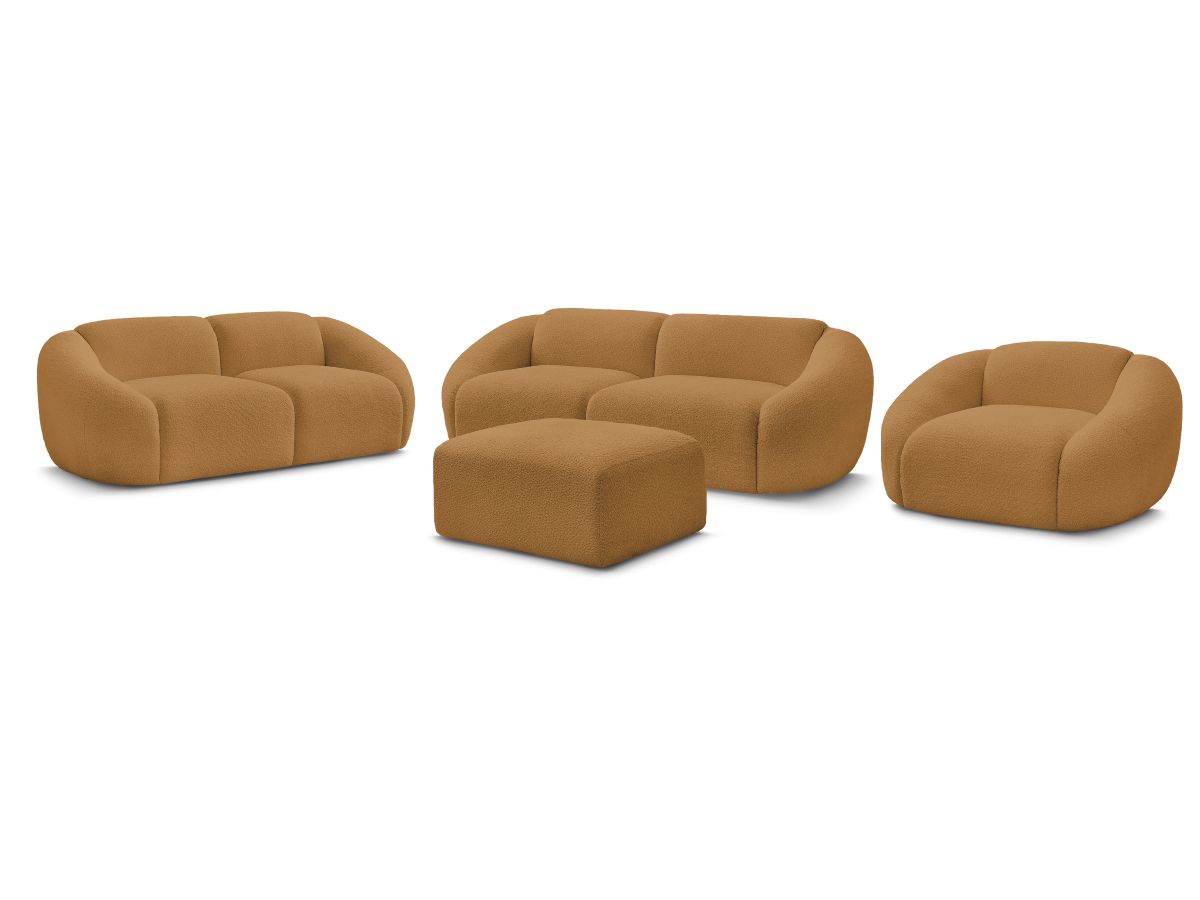 Sofagruppe 3 + 2 seter + lenestol TINA i bouclé-stoff med puff