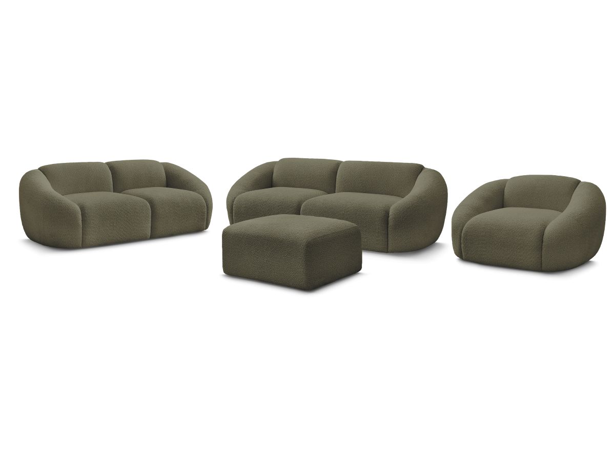 Sofagruppe 3 + 2 seter + lenestol TINA i bouclé-stoff med puff
