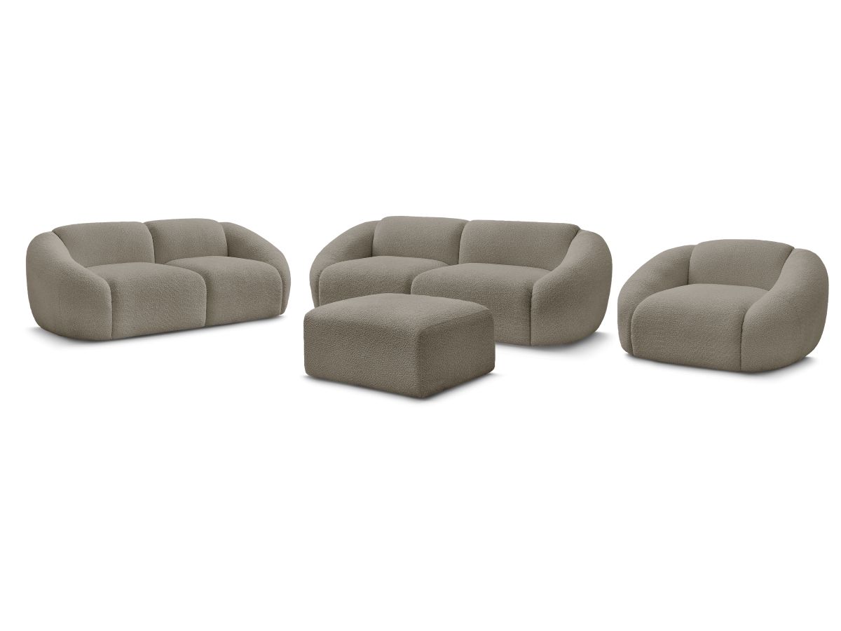 Sofagruppe 3 + 2 seter + lenestol TINA i bouclé-stoff med puff