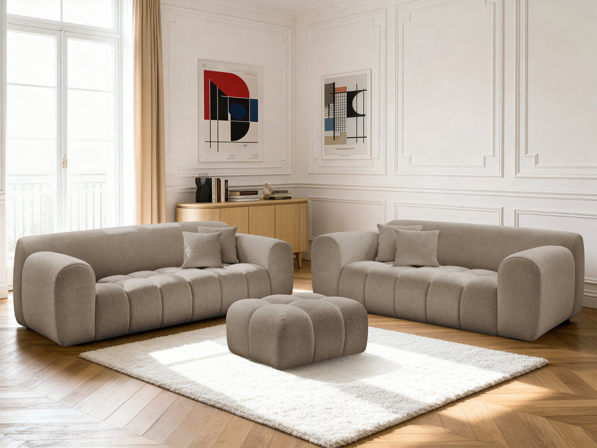 Sofagruppe 3 + 2 seter MELISSE i melert stoff med puff