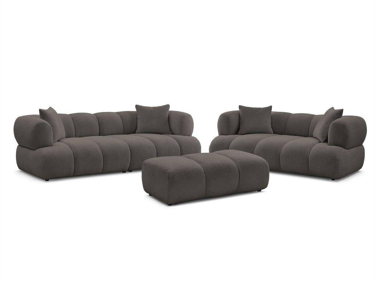 Sofagruppe 3 + 2 seter PAMIRA i bouclé-stoff med puff