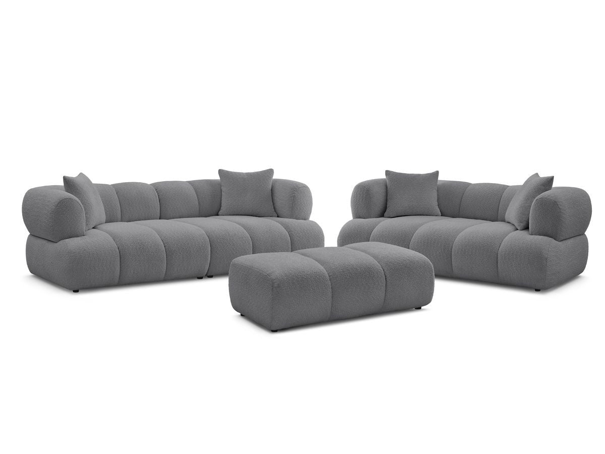 Sofagruppe 3 + 2 seter PAMIRA i bouclé-stoff med puff