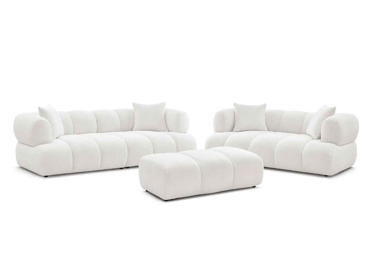 Sofagruppe 3 + 2 seter PAMIRA i bouclé-stoff med puff