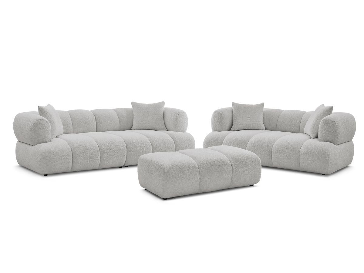Sofagruppe 3 + 2 seter PAMIRA i bouclé-stoff med puff