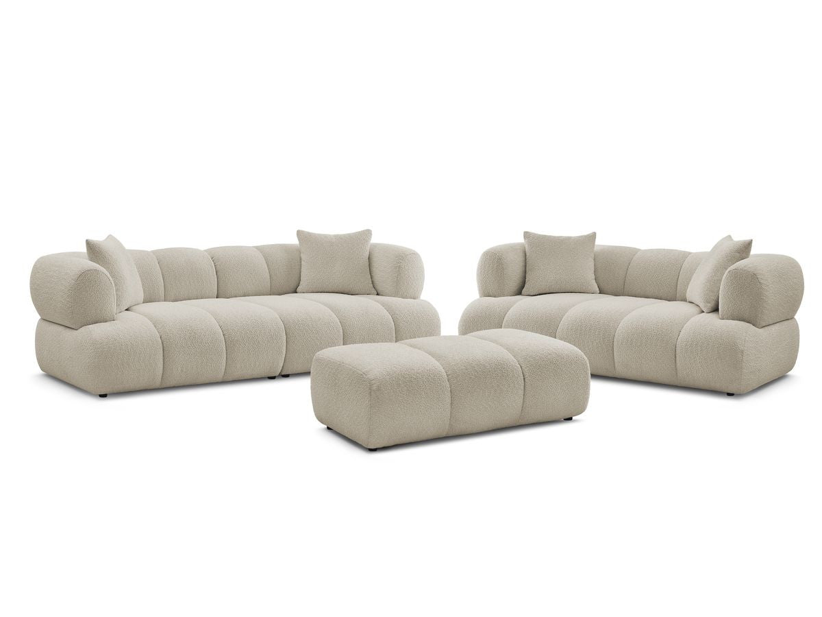 Sofagruppe 3 + 2 seter PAMIRA i bouclé-stoff med puff