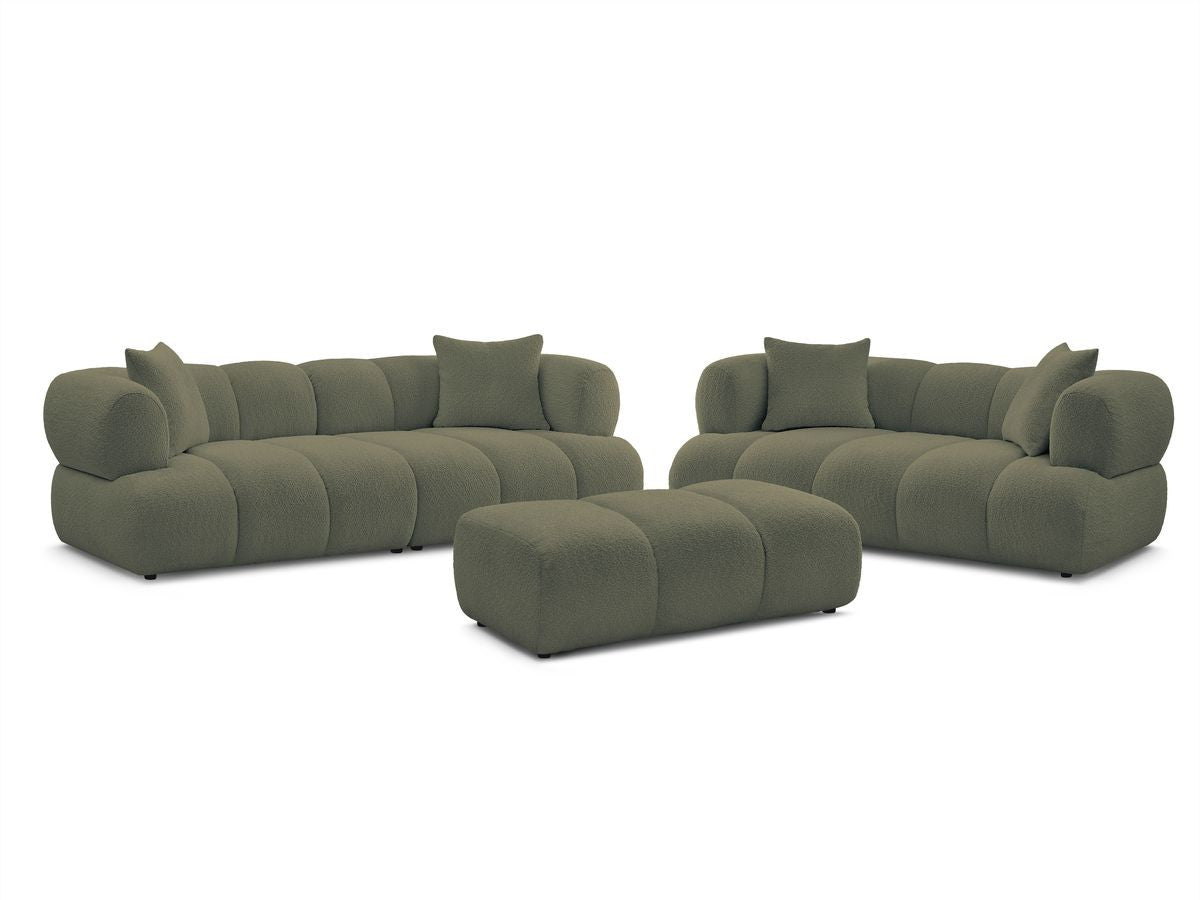 Sofagruppe 3 + 2 seter PAMIRA i bouclé-stoff med puff